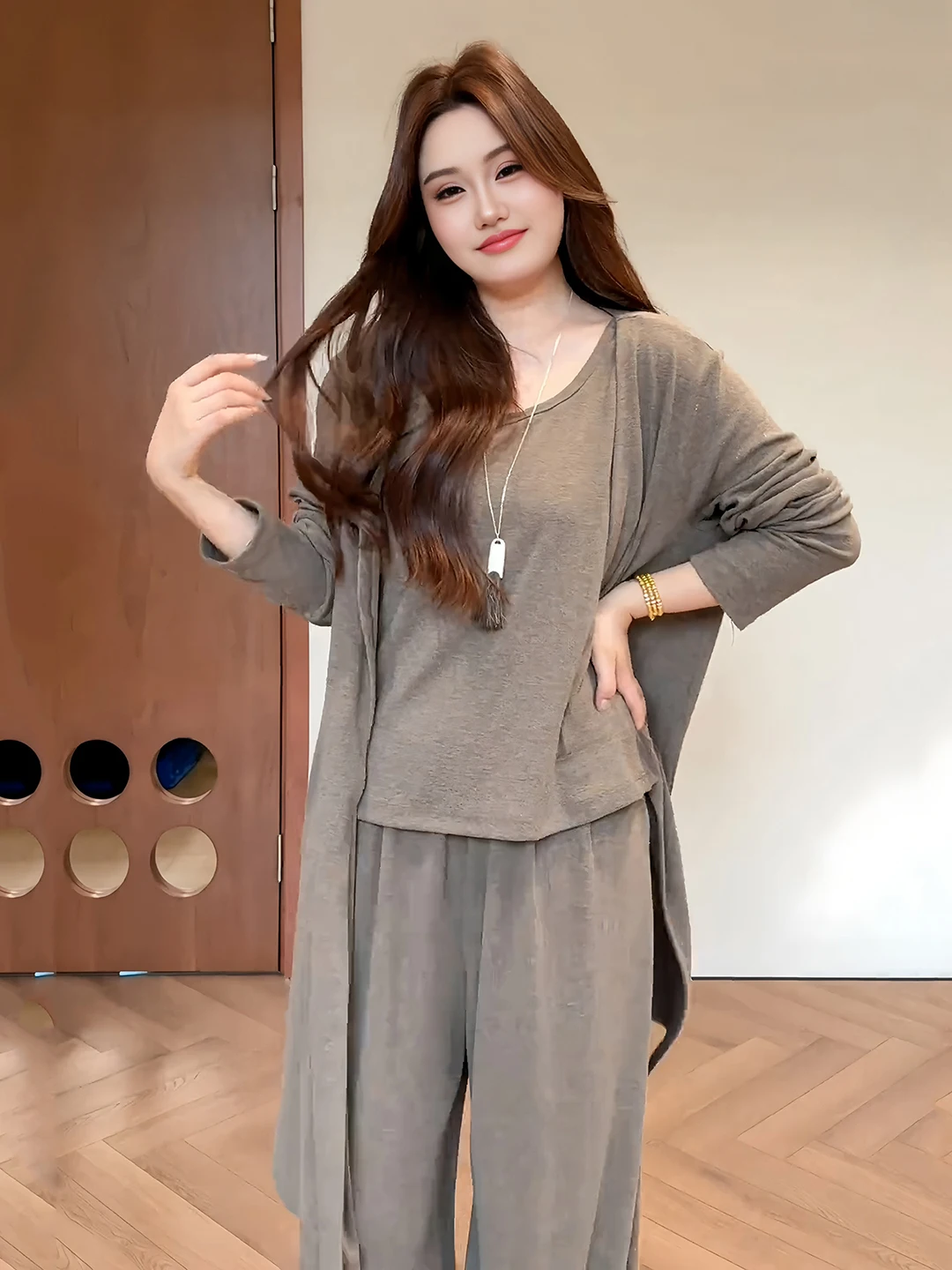 plus Size Casual Three Piece Set Open Cardigan Tank Top Wide Leg Pants Women Early Autumn Slimming Lazy Fashion Ensemble