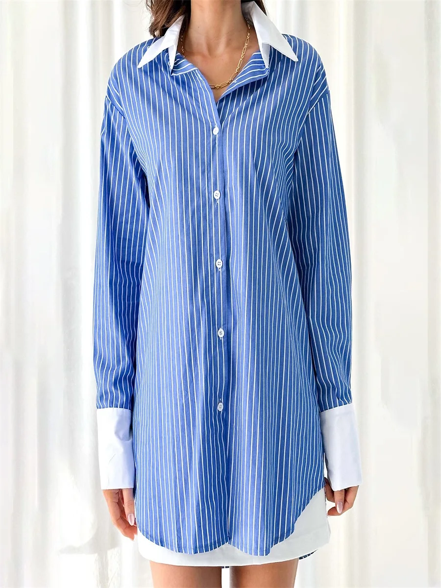 Women'S Striped Color Blocked Long Style Beautiful Generous Button Up Shirt Street Striped Printed Loose Long Sleeved Shirt Top