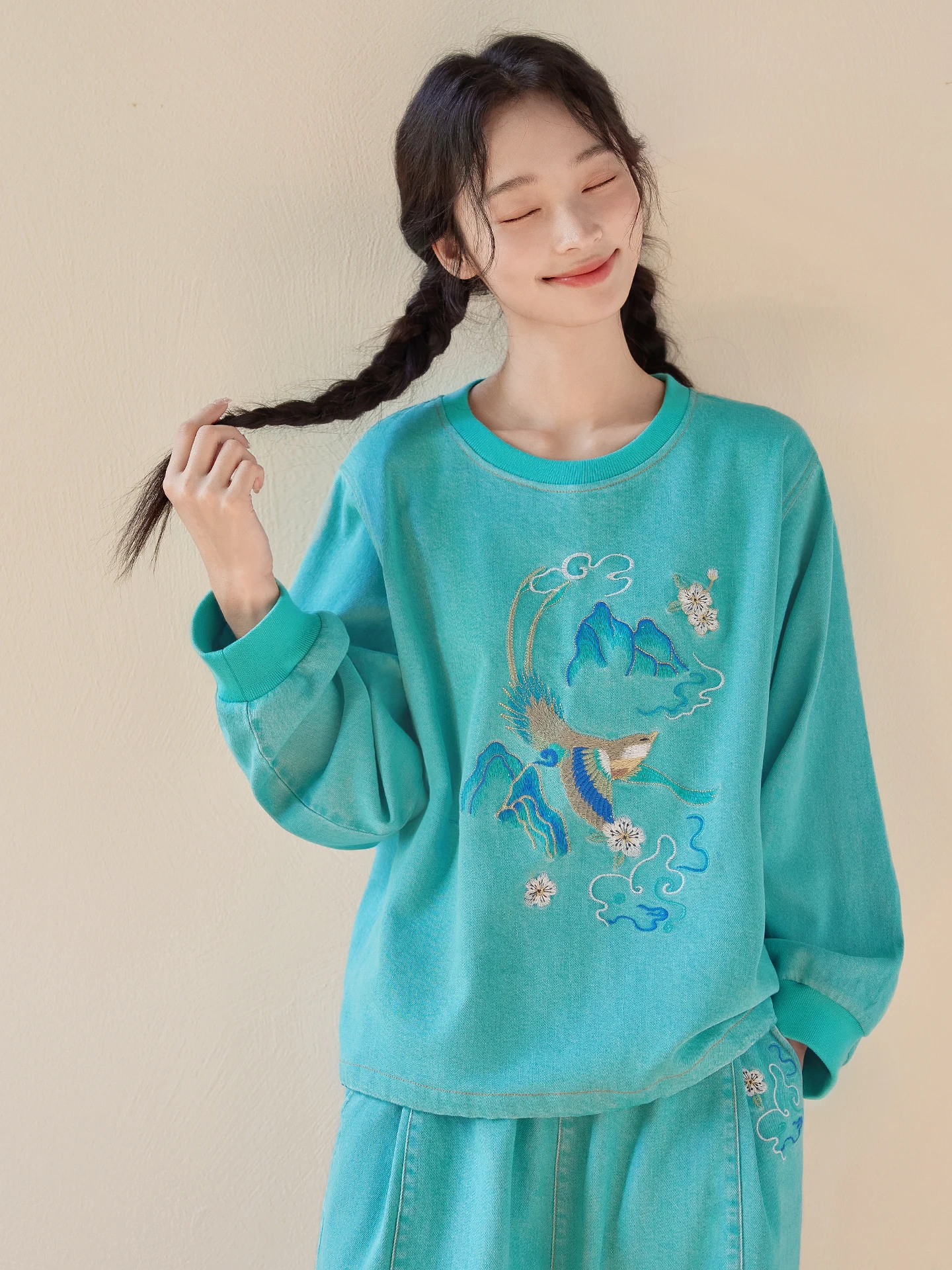 

Original National Sle Embroidered Lyocell Denim Sweatirt Women Casual Overhead irt een Series Flower Production