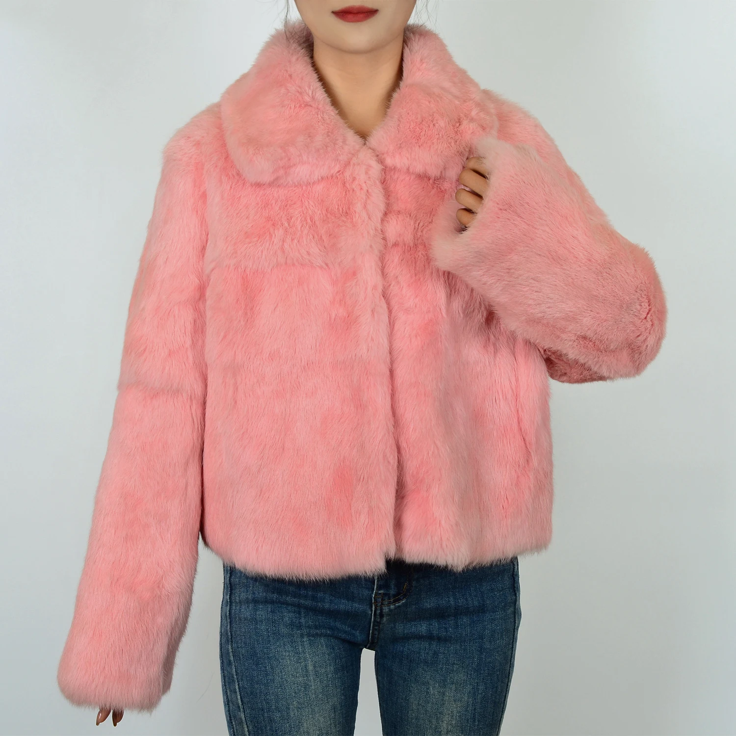 

Hot Sale Women's Winter Autumn Real Rabbit Fur Windproof fashion Short Casual Coat Stand Collar Outerwear