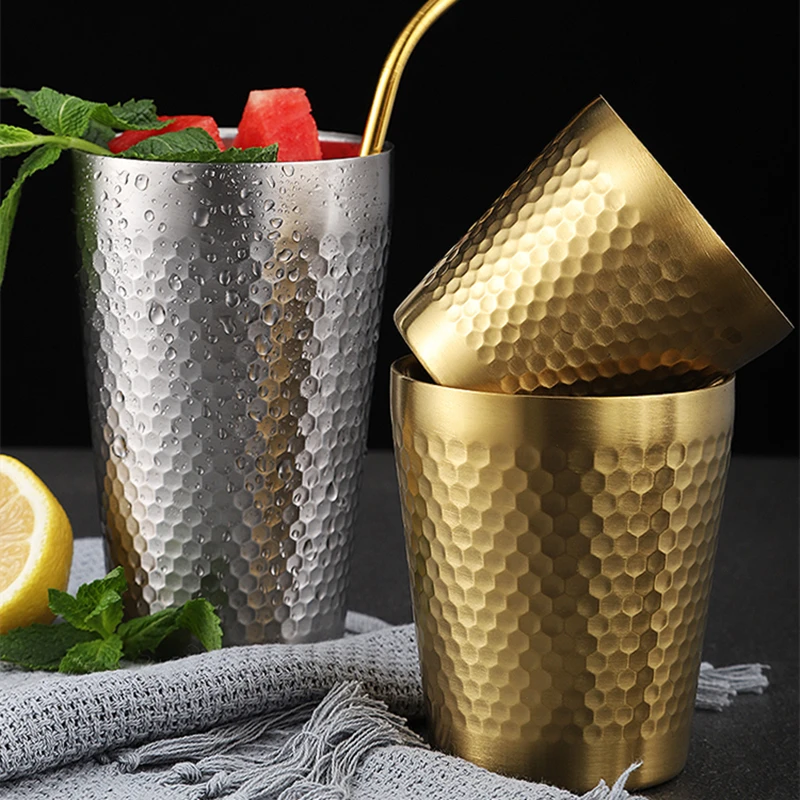 Double-Wall 304 Stainless Steel Mug Hammer Diamond Texture Coffee Double-Wall Prevents Scalding Mug Beer Cup Water Mugs