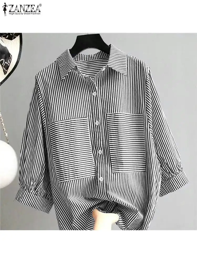 ZANZEA Summer Lantern Sleeve Blouse Striped Lapel 2024 Fashion Women Shirts Office Lady Casual 3/4 Sleeve Oversized Buttons Tops