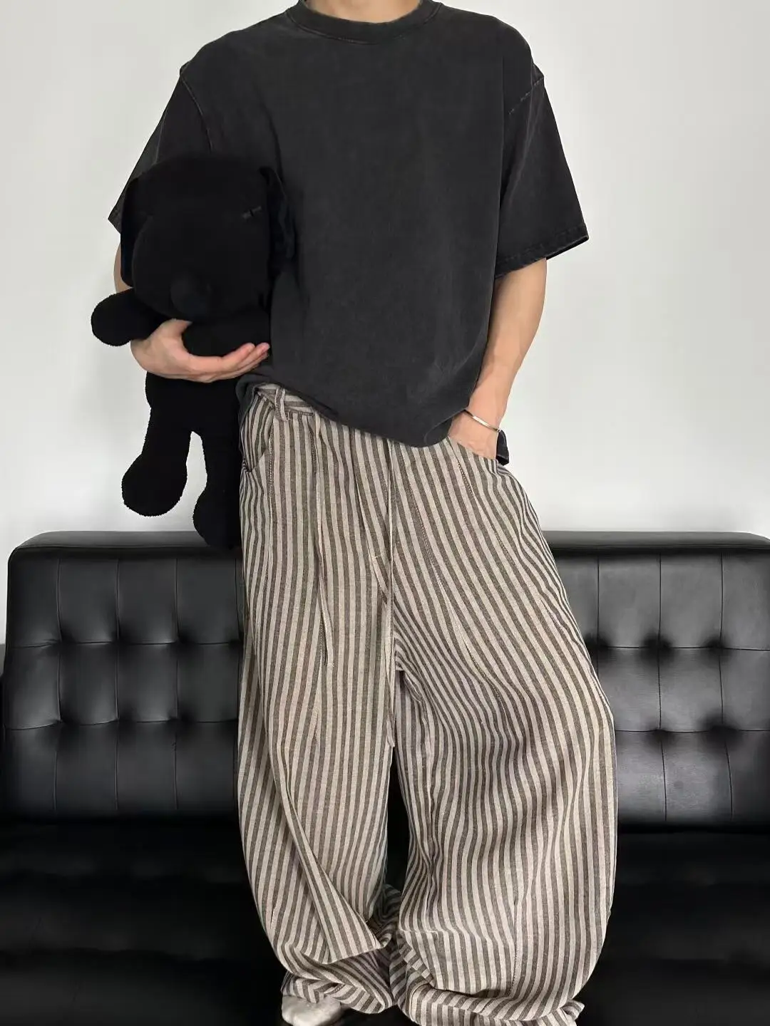 Pantaloni casual a righe vestibilità ampia pigro retrò americano ex Pantaloni lunghi a gamba dritta Pantaloni casual larghi a gamba larga fino al pavimento