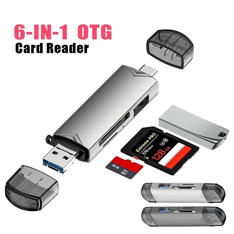 6 In 1 Type C SD TF Card Reader Micro USB Flash Drive Adapter 5Gbps High Speed Transfer Multifunctional Card Reader For Laptop