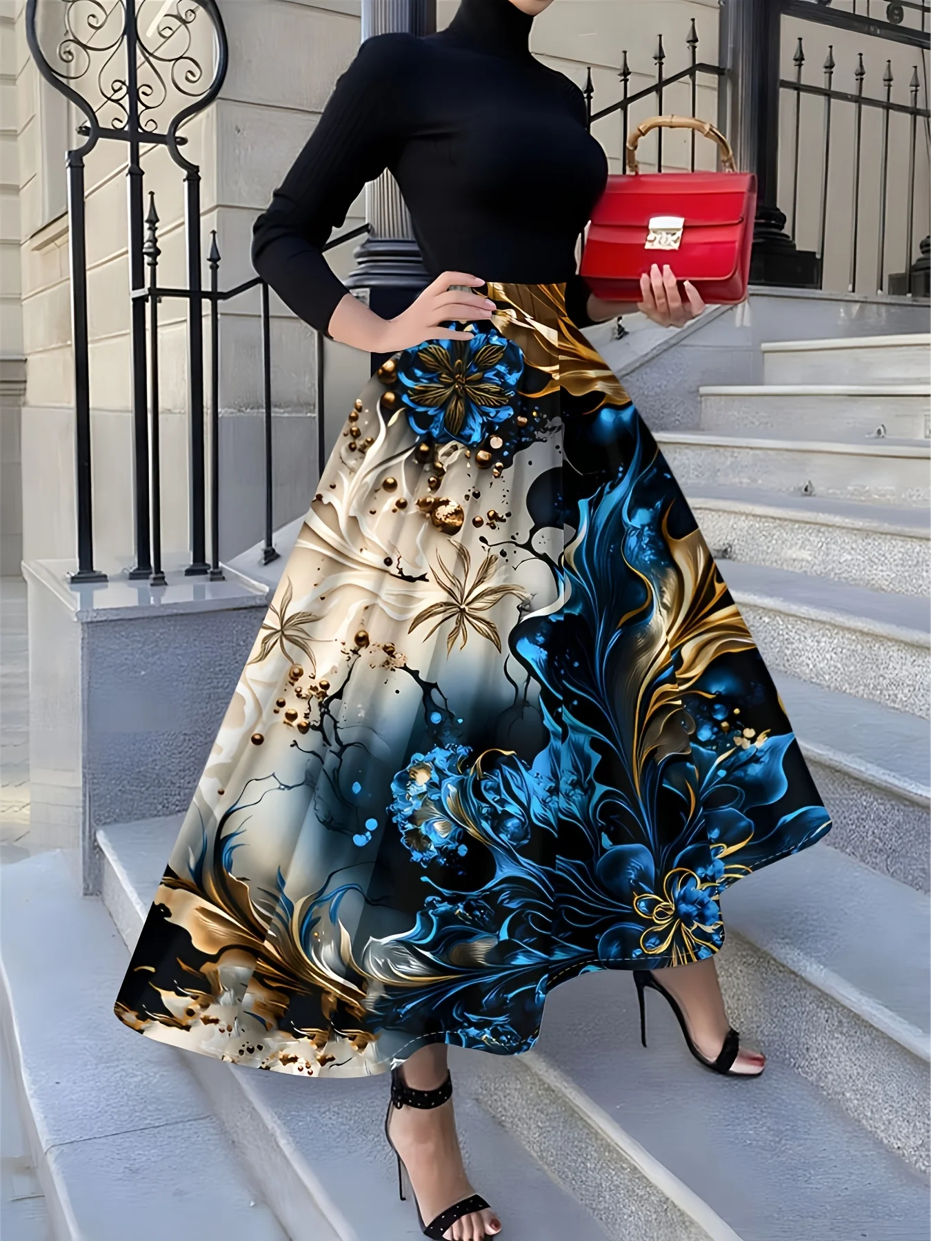 

Повседневная женская юбка миди с абстрактным цветочным принтом, сине-золотой цветочный узор, А-силуэт, высокая талия, летняя, для офиса и вечеринок