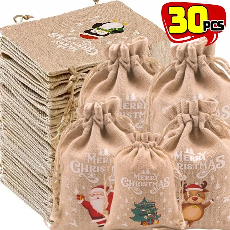 20/1PCS Weihnachten Leinen Kordelzug Taschen Süßigkeiten Kekse Beutel Weihnachten Gunsten Armband Schmuck Verpackung Santa Claus Muster Säcke