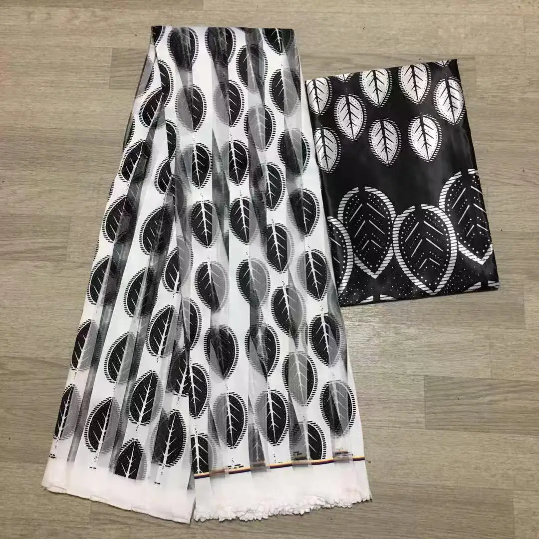 African Satin Print Fabrics, Organza Silk Cloth, Satin Silk Material for Party Dresses, 3 + 3 Yards