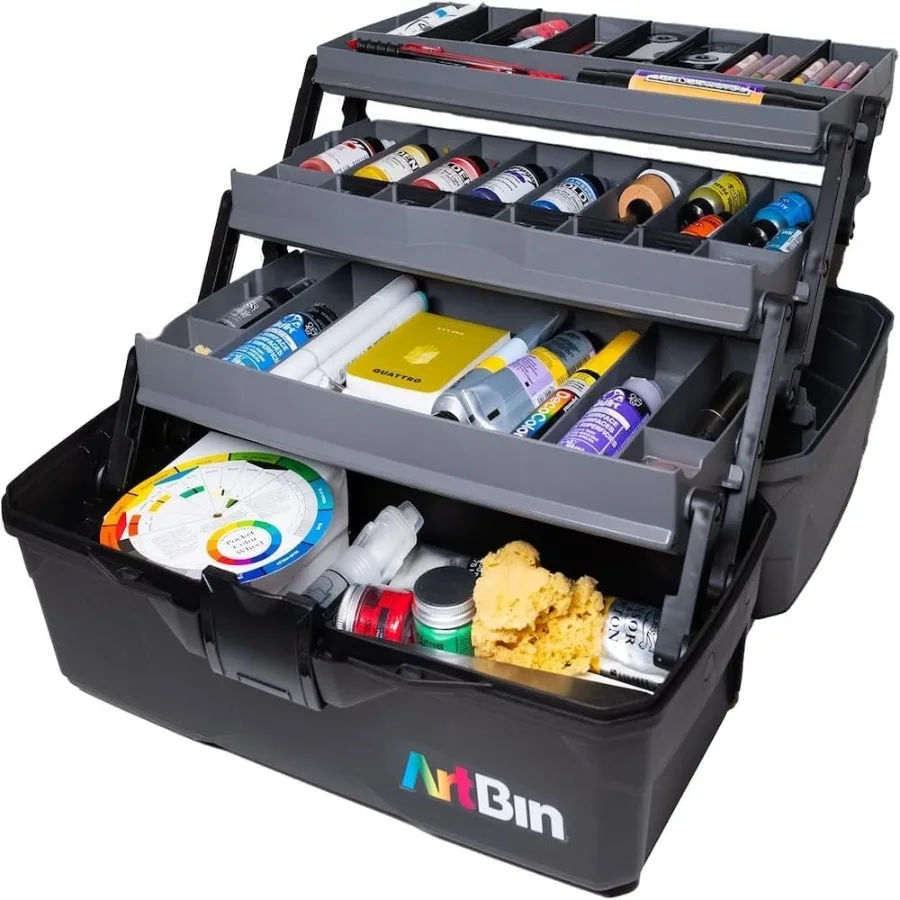 

ArtBin 3-Tray Art Supply Box: Versatile Organizer for Brushes Paints Stamps and More Durable Hard Plastic with Secure Closure P