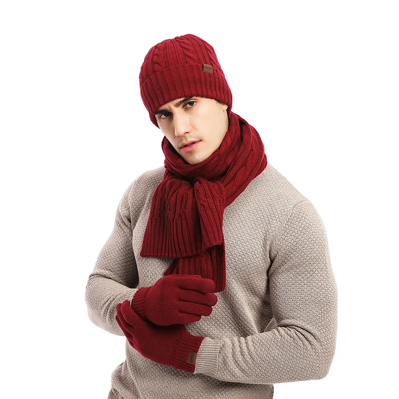 Men's Autumn Winter Keep Warm Set Solid Color Unisex Beanie Gloves Scarf Male Wool Knitted Muffler Spring Fall Fleece Lining Hat