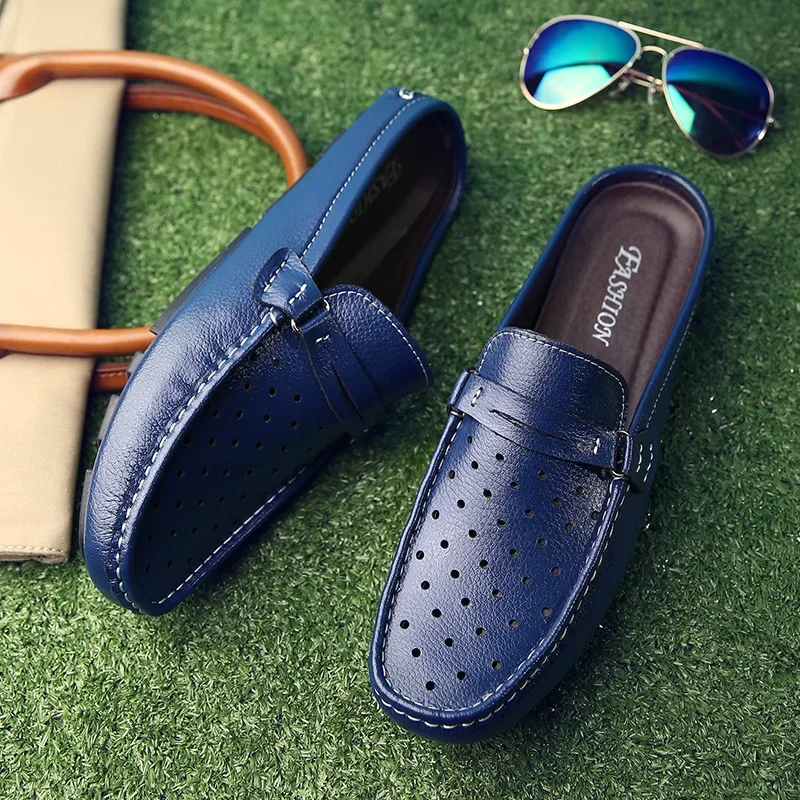 Zomer Half Schoenen Voor Mannen Casual Lederen Loafers Mocassins Man Slipon Rijden Herenschoenen Ademende Holle Slippers