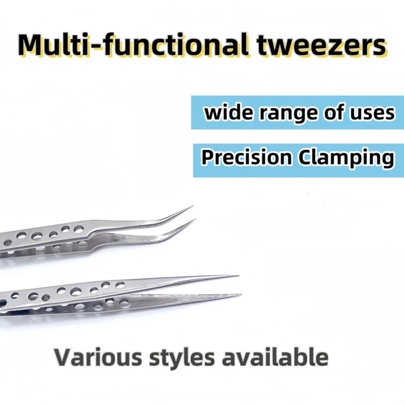 Stainless Steel Precision Perforated Tweezers with Pointed Elbows, Frosted and Glossy Nine Hole Tweezers