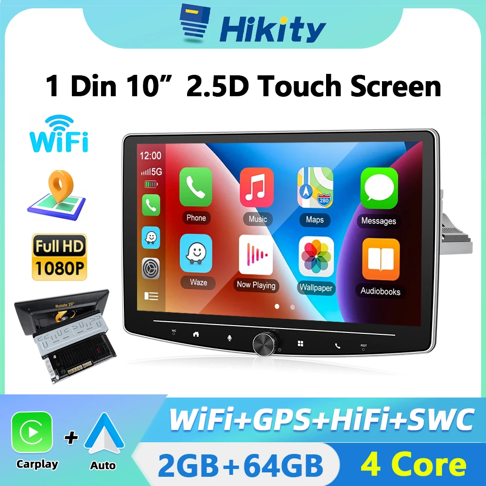 Hikity 1din Android autoradio Carplay 10.1'' Car Stereo Radio Rotatable Screen Bluetooth FM Radio Receiver Support rear camera