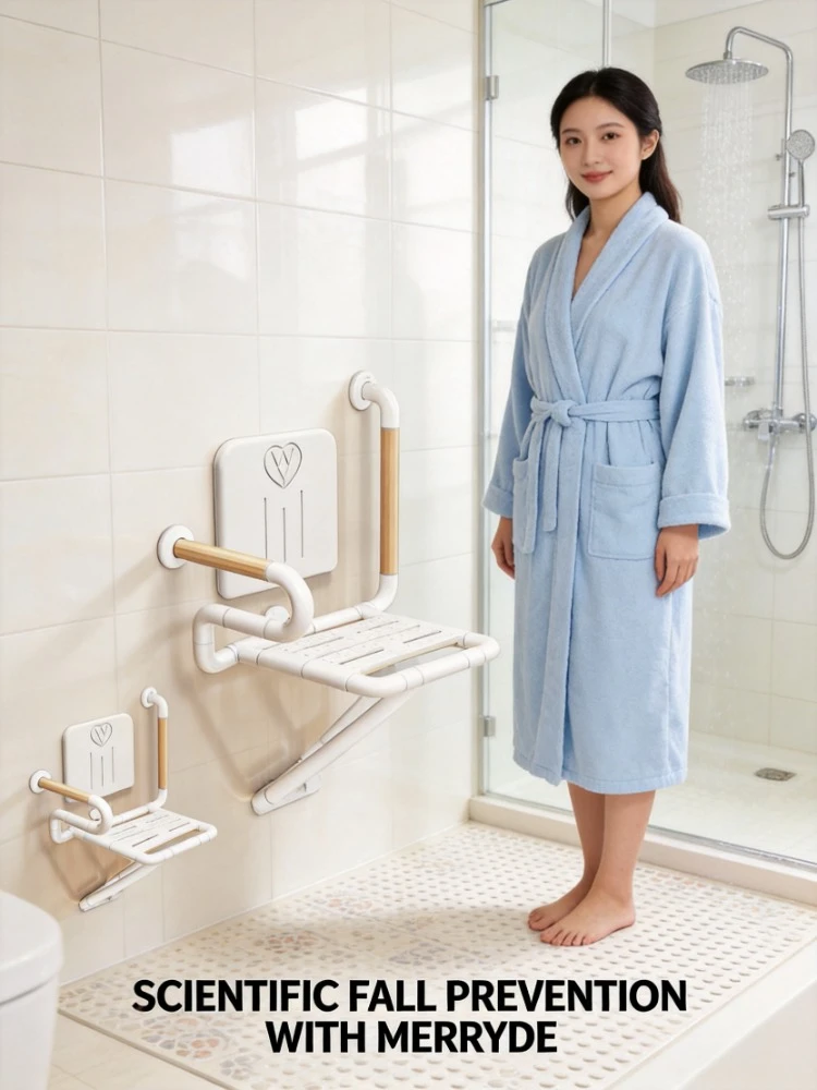 Wall Mount Foldable Shower Chair With Double Grab Bars Anti Slip Bath Seat For Elderly Pregnant Disabled