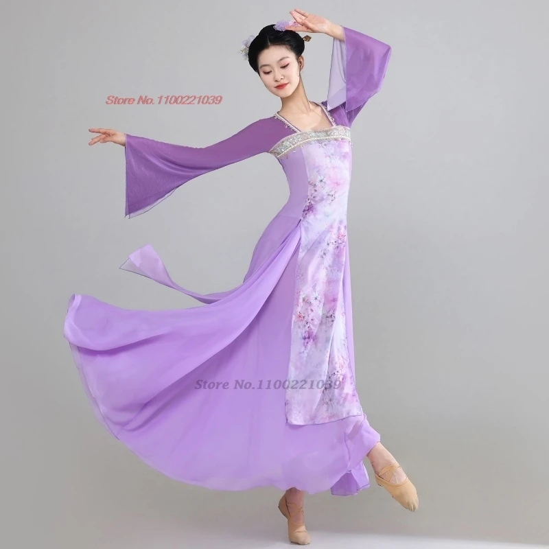 2025, chinesisches Vintage-Tanzkostüm, traditionelles Blumendruck-Mesh-Qipao-Kleid + Rock, Set, Retro-Bühnenaufführung, Tanzkleid, Hanfu