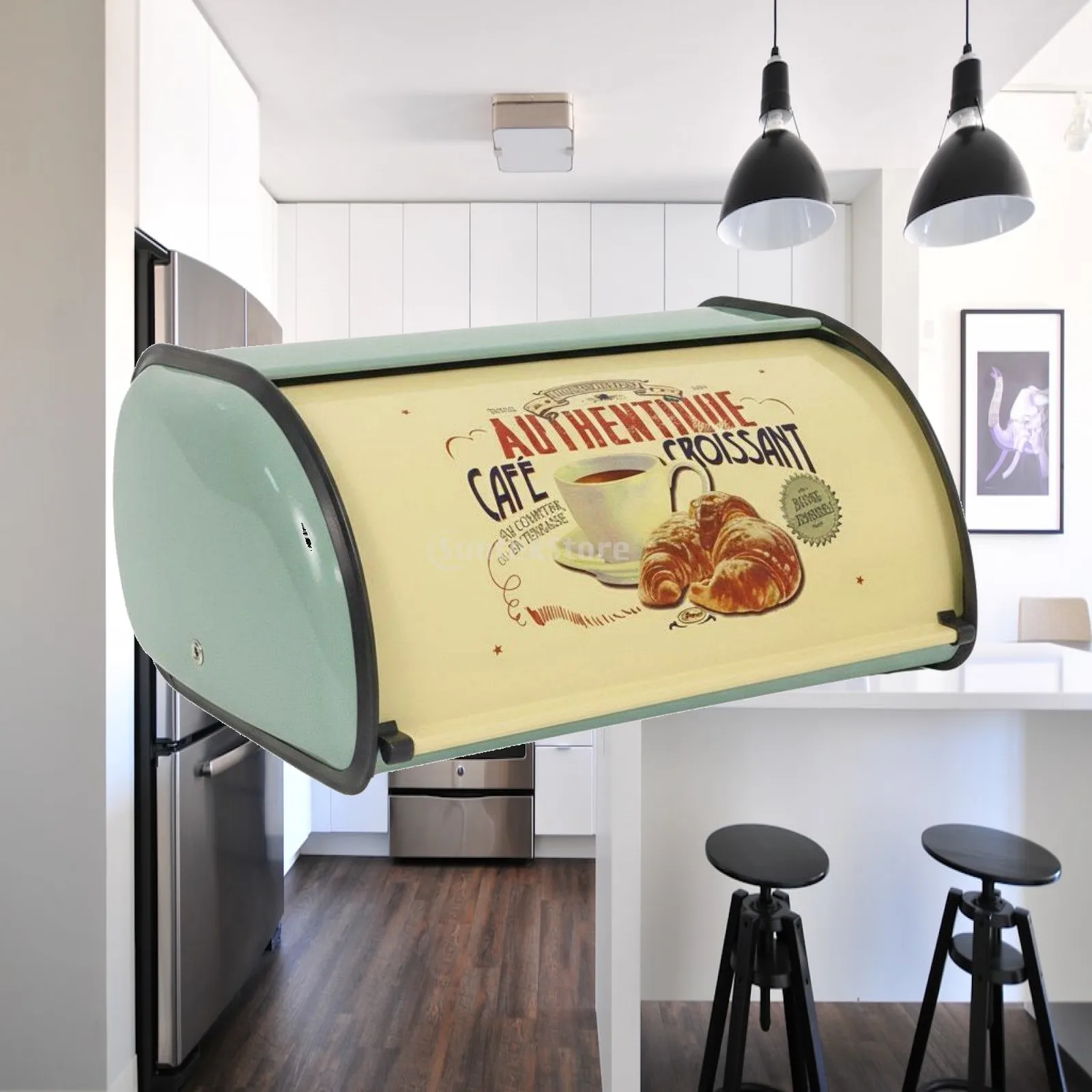 Large Bread Storage Container for Kitchen Galvanized Metal Bread Keeper with Curved Sliding Lid Retro Design for Countertop