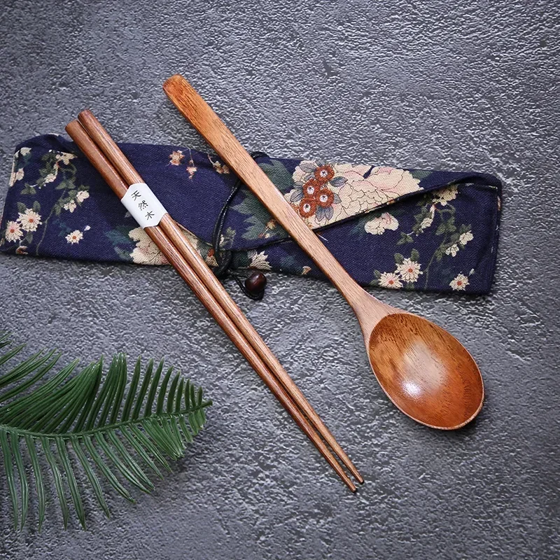 2 Pcs Spoon Chopsticks Cutlery Cloth Bag Wooden Tableware Set Students Reusable Dinnerware Portable Travel Kitchen Accessories