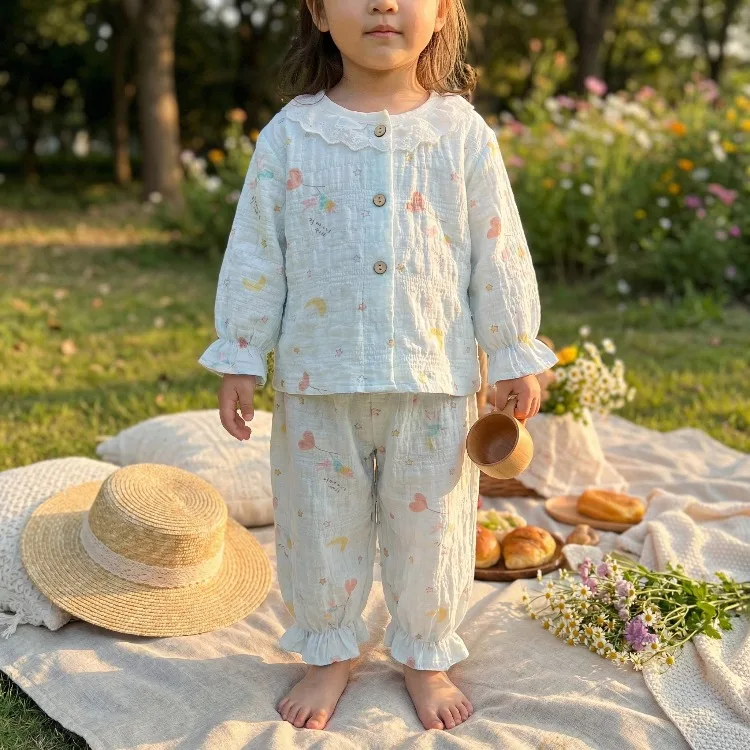 Sommer Frühling Herbst Mädchen Elegante Spitzen-Pyjama-Sets Kinder Atmungsaktive Bequeme Langarm-Hauskleidung Sets Kinder-Schlafanzüge – Detail 11