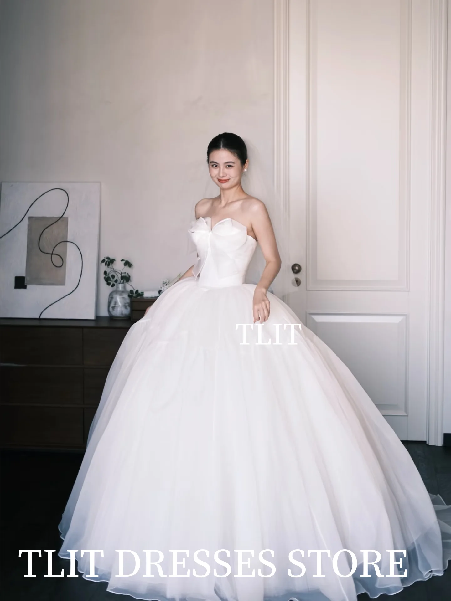 TLIT فساتين زفاف أنيقة من الأورجانزا العاجية فساتين زفاف كورية لالتقاط الصور بدون حمالات بفيونكة كبيرة فستان زفاف مخصص #5