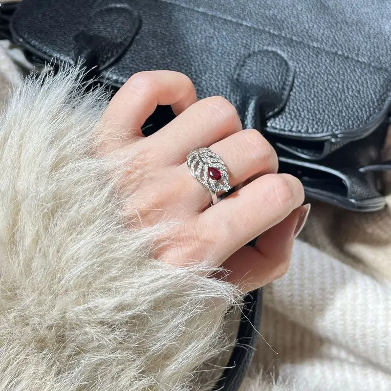 925 sterling silver exquisite inlaid ruby feather ring, women's full diamond temperament elegant and luxurious socialite jewelry