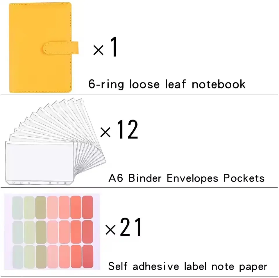 A6 PU Leather Notebook Binder Planner Organizer Budget Cash Envelope System with Binder Zipper Pocket,Colorful Category Labels