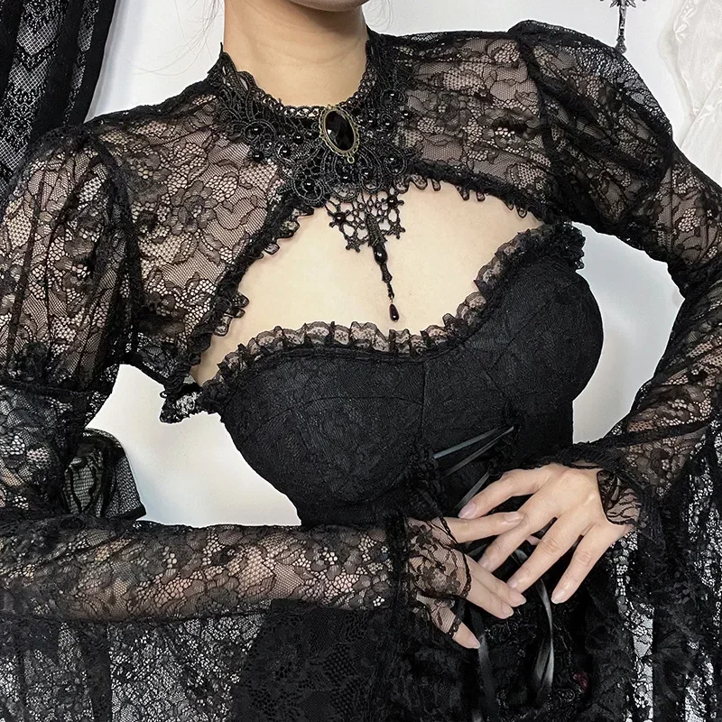 2025 New Dark Vintage Lace See Through Crop Shurg Tops Retro Fairy Sweet Flare Sleeve Short Smock Outerwear Women Thin Techwear