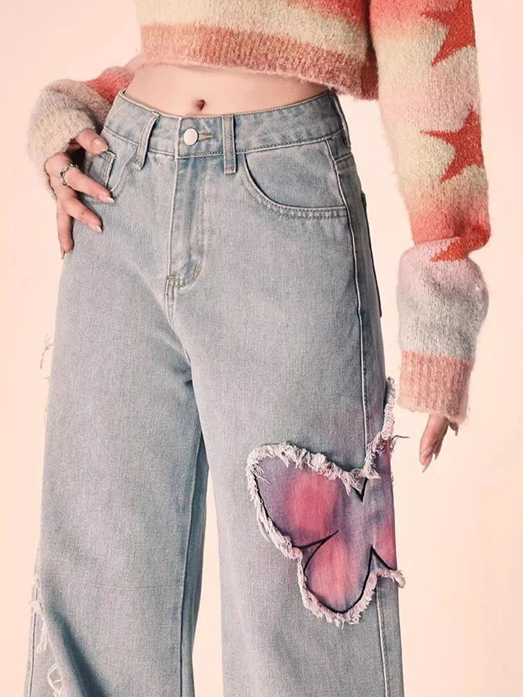 Jmprs Butterfly Embroidery Cute Jeans Women Vintage Design Sweet Denim Pants Korean High Waist Loose Casual Wide Leg Trousers