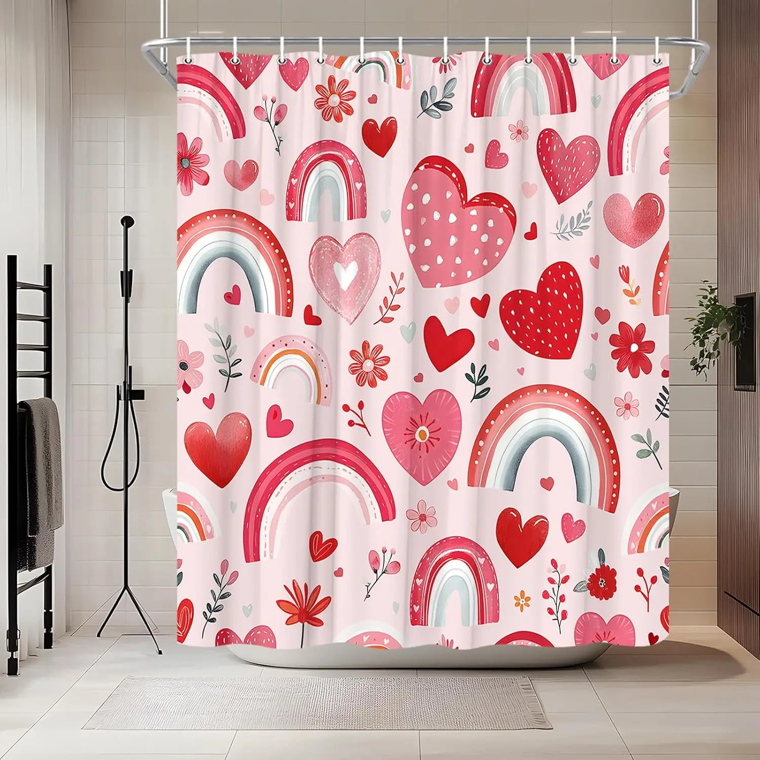 

Valentine's Shower Curtain Red Pink Heart Sweet Love Couple Rainbow Romantic Elegant Women Girly Wedding Modern Holiday Shower