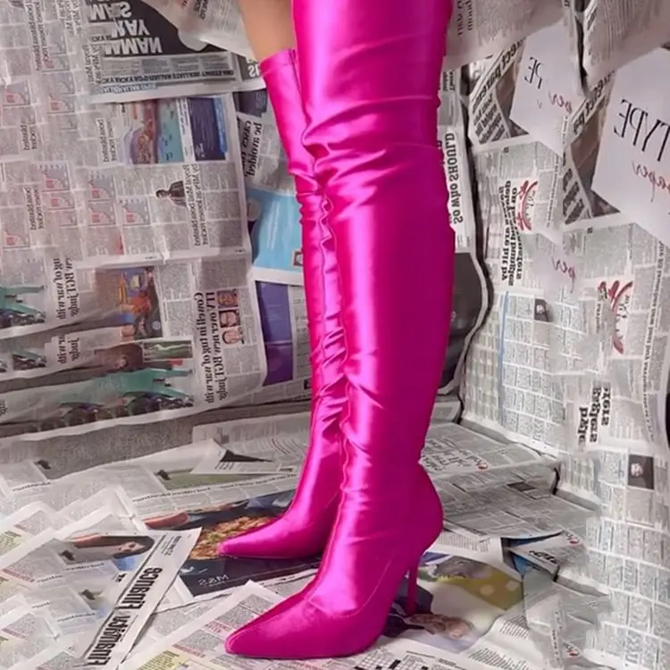 Hot Pink Zipper Up Over The Knee Boots Fitting-In Elegant Pointy Toe Stiletto Heel Thigh High Satin Boot All Season Casual Shoe