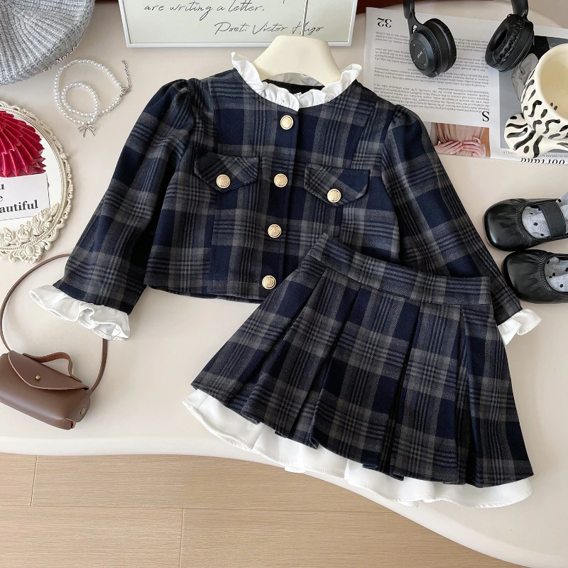 

Girls' Suit Autumn Girls' Small Fragrance Style Print Coat + Long Sleeve Preppy Pleated Skirt Two-piece Set 2-7yrs