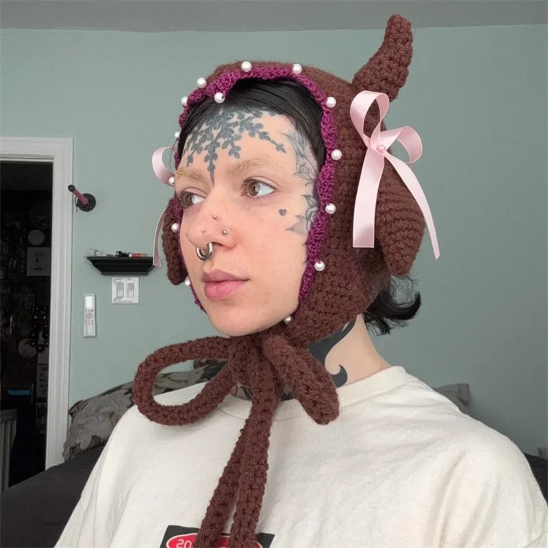Handmade knitted cow horn lace-up pullover hat white pearls pink bow decoration Warm-keeping ear-protection hat