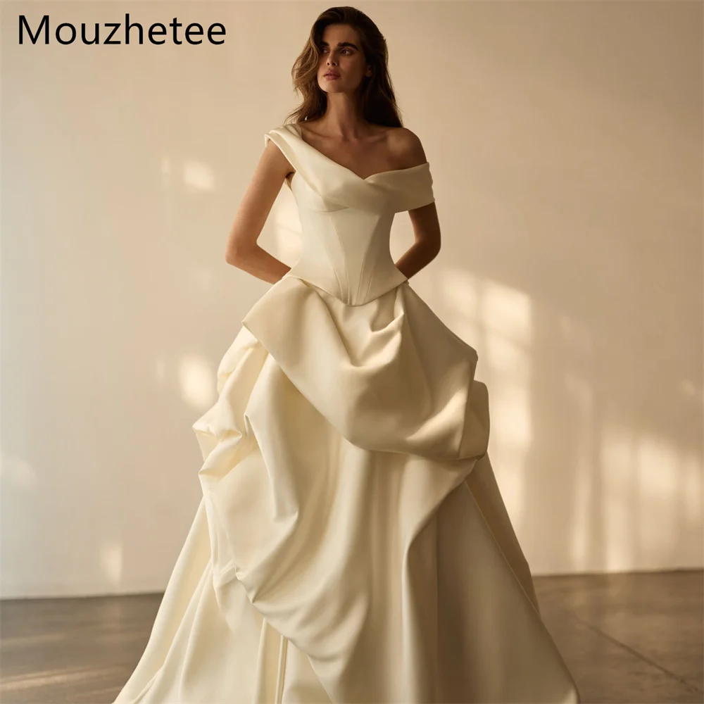 

Mouzhetee A-Line Off The Shoulder Princess Satin Pleat Wedding Dresses Elegant Sleeveless Long Brides Gown Custom Made 2025