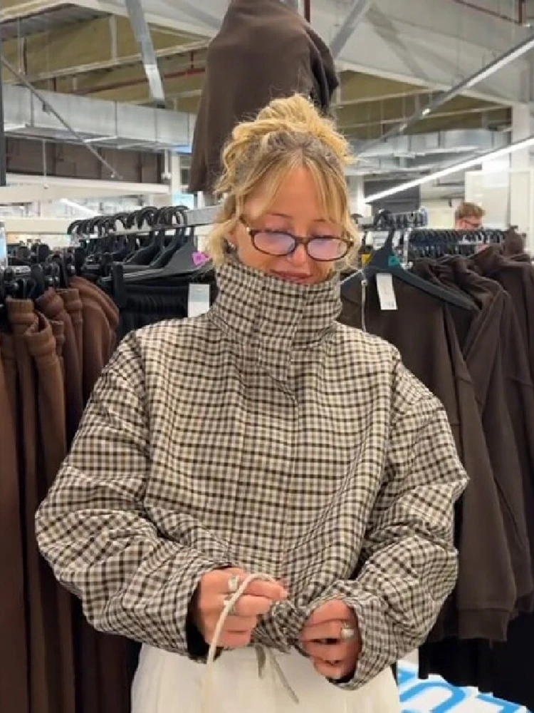 Damen Karierter Stehkragen Kurzjacke mit Reißverschluss, Druckknöpfen, Kordelzug am Saum, Oversized Langarm-Mantel, Schicke Casual Alltags-Oberbekleidung – Detail 3
