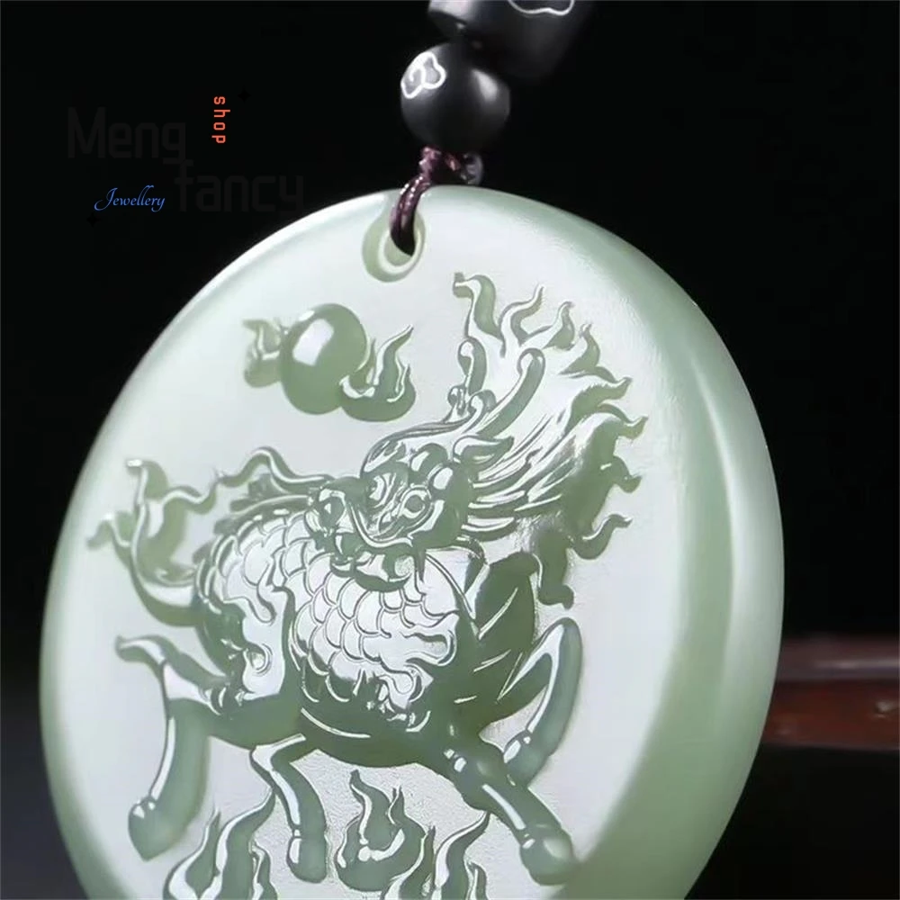 Hetian Green Jade Fire Unicorn Plaque Pingente, Requintado, Elegante, Simples, De Alta Qualidade, Moda Luxo, Jóias, Presentes de Férias