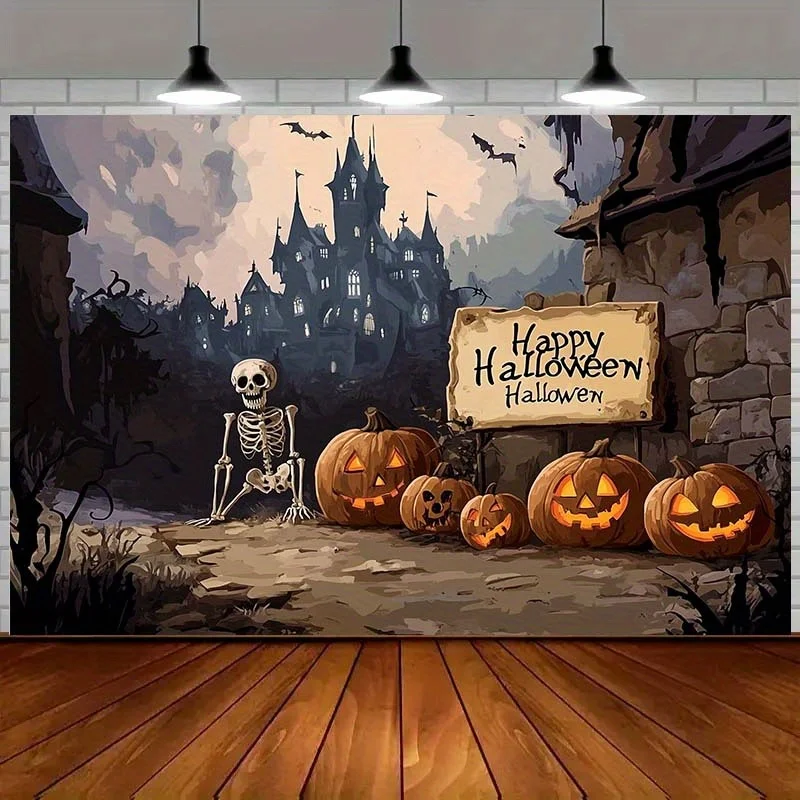 قطعة واحدة من خلفية الهالوين الهوائية مع بيت الأشباح والهيكل العظمي وديكورات اليقطين - احترافية