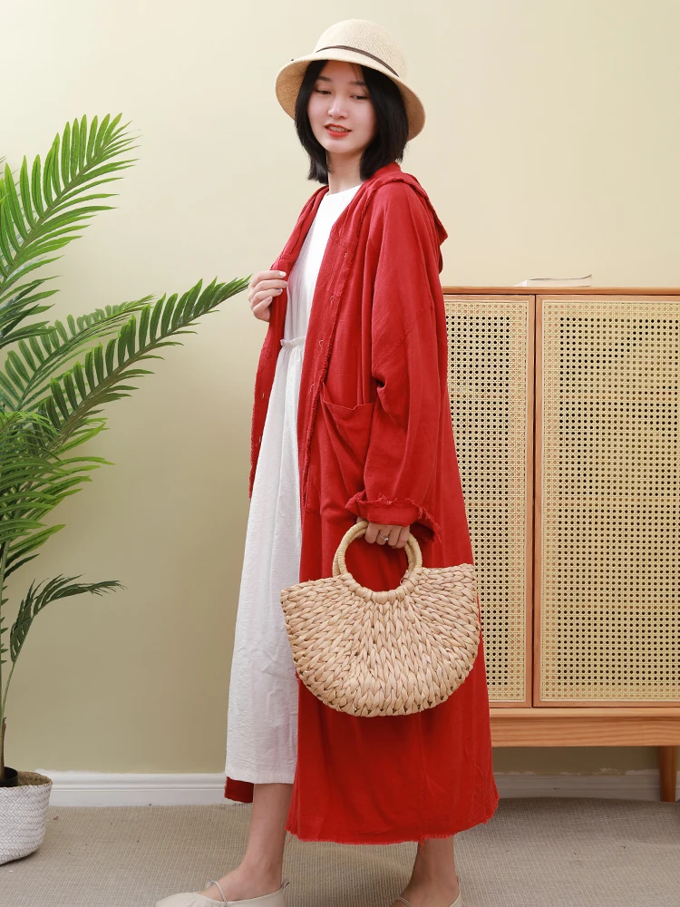 

Casual Commuter Cotton Linen Hooded Coat Spring Loose plus Size Color Women's Linen Windbreaker Mid-Length Straight Cut