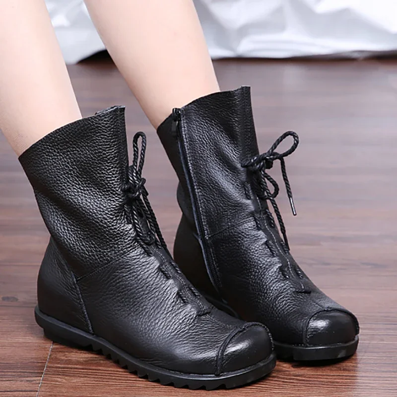 Vintage Women Boots Soft Cow Leather Shoes Women Ankle Boot Warm Plush Flat Booties Top Quality Winter Shoe Female Zapatos Mujer