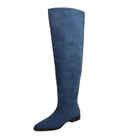 Fashion Lady Blue Jeans Denim Pointed Toe Knee High Flat Boots Women Slip On Pleated Tube Long Fall Botas Shoes Drop Shipping