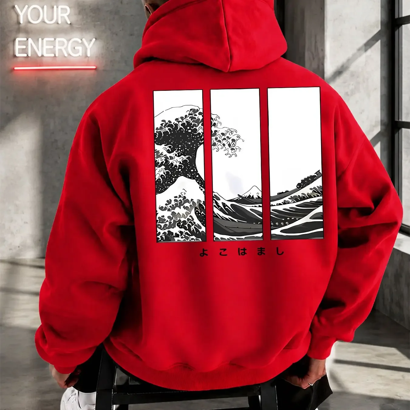 Vintage Ukiyo‑e Great Wave Split Panel Print Mens Hooded Sweatshirt Japanese Art Aesthetic Casual Street‑Style Hoodie
