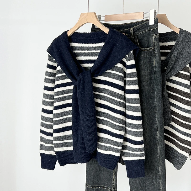 

Женский свободный длинный вязаный свитер Quali с шарфом в полоску, цветная блузка, осенне-зимний повседневный универсальный топ