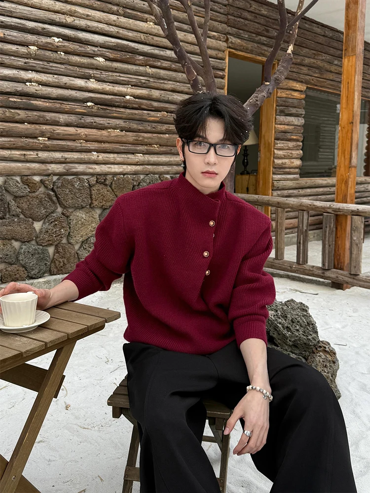 

Стильный корейский вязаный свитер для мужчин, винно-красный, с высоким воротником, на пуговицах, повседневный, свободного кроя, теплый, с длинными рукавами, осенне-зимний топ