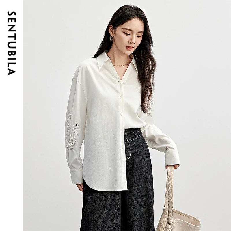 

SENTUBILA Women's White Shirt 2025 Autumn Lyocell Hollow-Out Embroidery Turn Down Collar Long Sleeve Shirts & Blouses151C57983