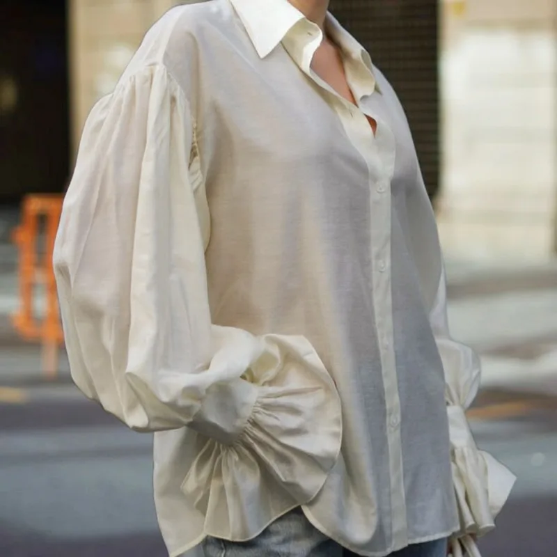 Talenza Women Fashion Shirt Solid Ruffle Lapel Button Patchwork Elegant Blouses High Street Chic Commuter Casual Women Shirt Top