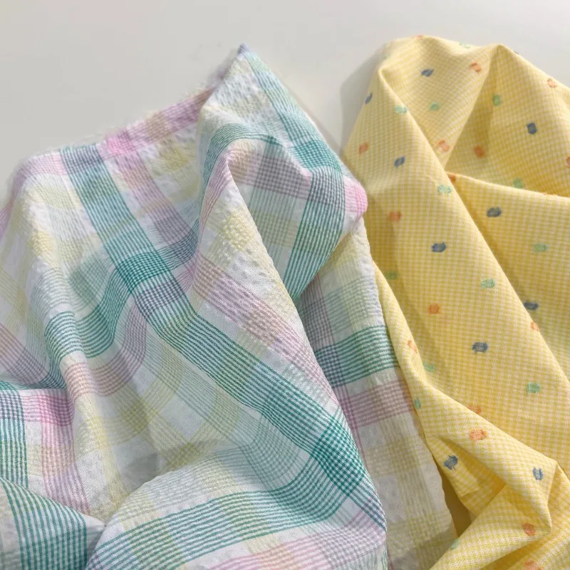 Spring Tea Korean-Style Instagram Checkered Wrinkle Bubble Cotton Yarn-Dyed Fabric DIY Shirt & Dress Material Spring Wholesale