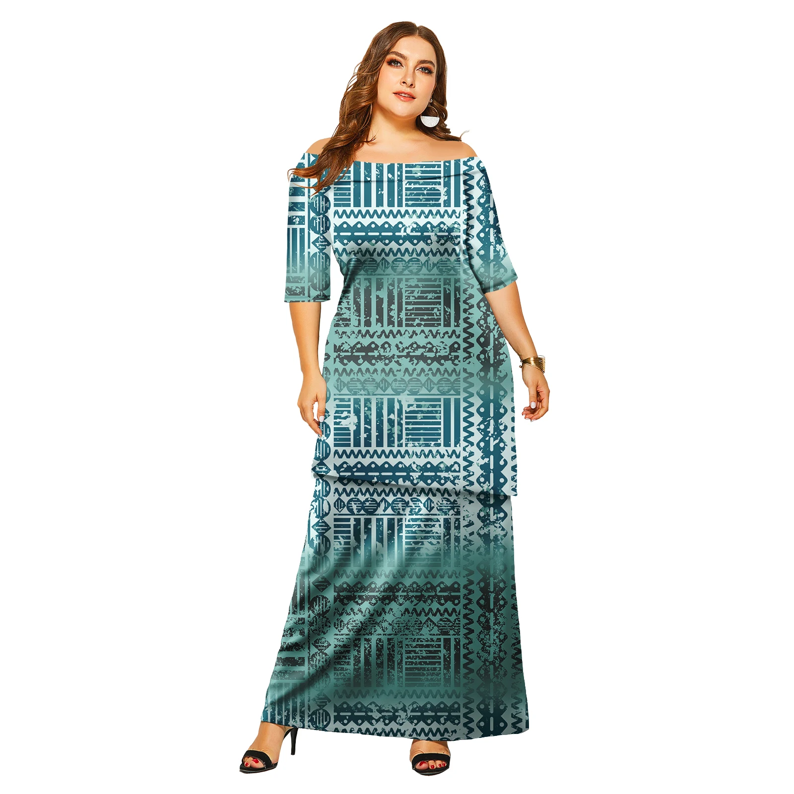 Women's two-piece custom Samoan Puletasi off-the-shoulder coat and long skirt are suitable for Polynesian clothing