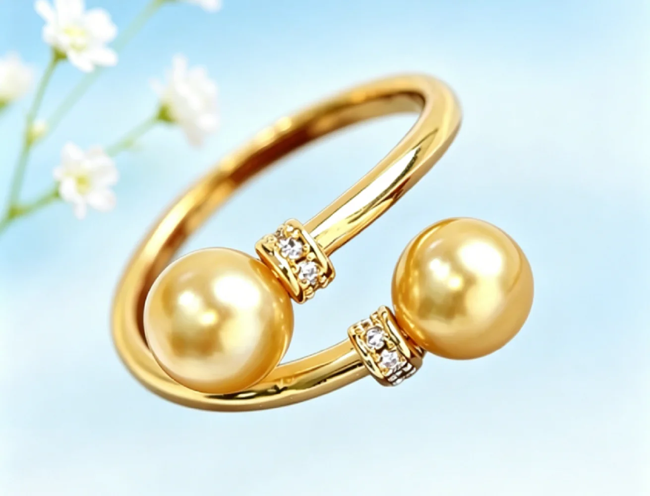 

Beautiful Double Pearl Ring AAA 8-9mm Natural South Sea Gold Pearl Ring 925s