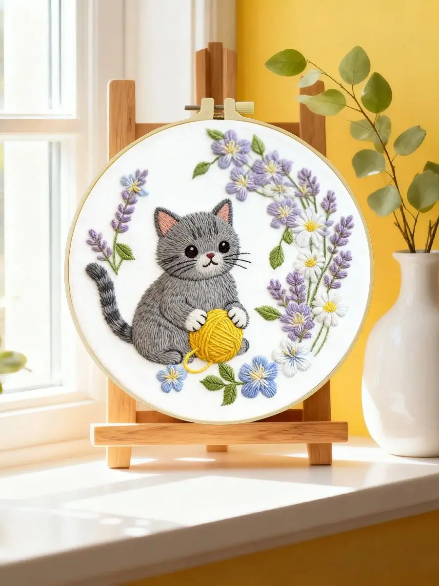 1 Stück 20X20CM/15X15CM 7,87/6,3 Zoll Katzen-Stickerei-Starter-Kit DIY-Kit DIY-Stickerei-Set Handarbeiten Malerei – Detail 6