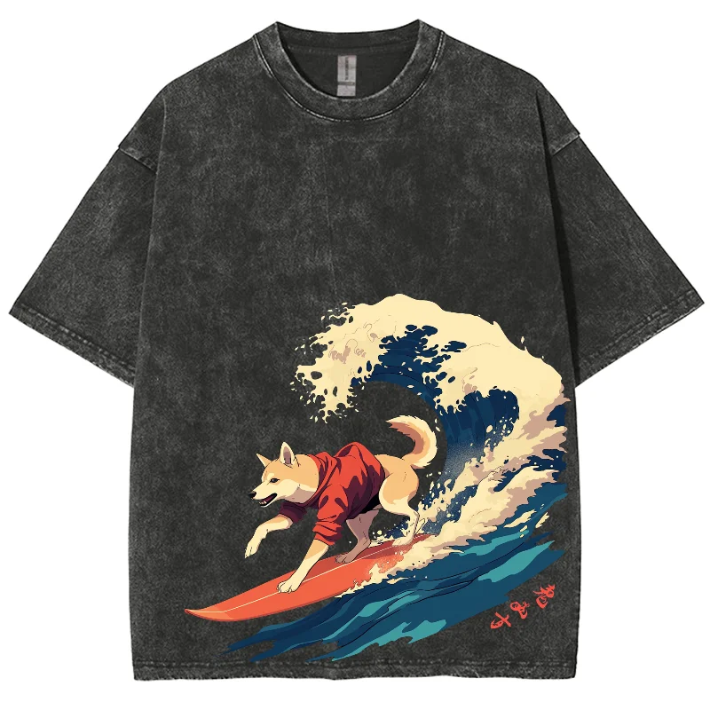 Anime Y2K Washed T shirt, Dog Surfing Sea Wave Ukiyoe Style, Oversized Vintage Summer Streetwear Washed T-shirts For Women Men