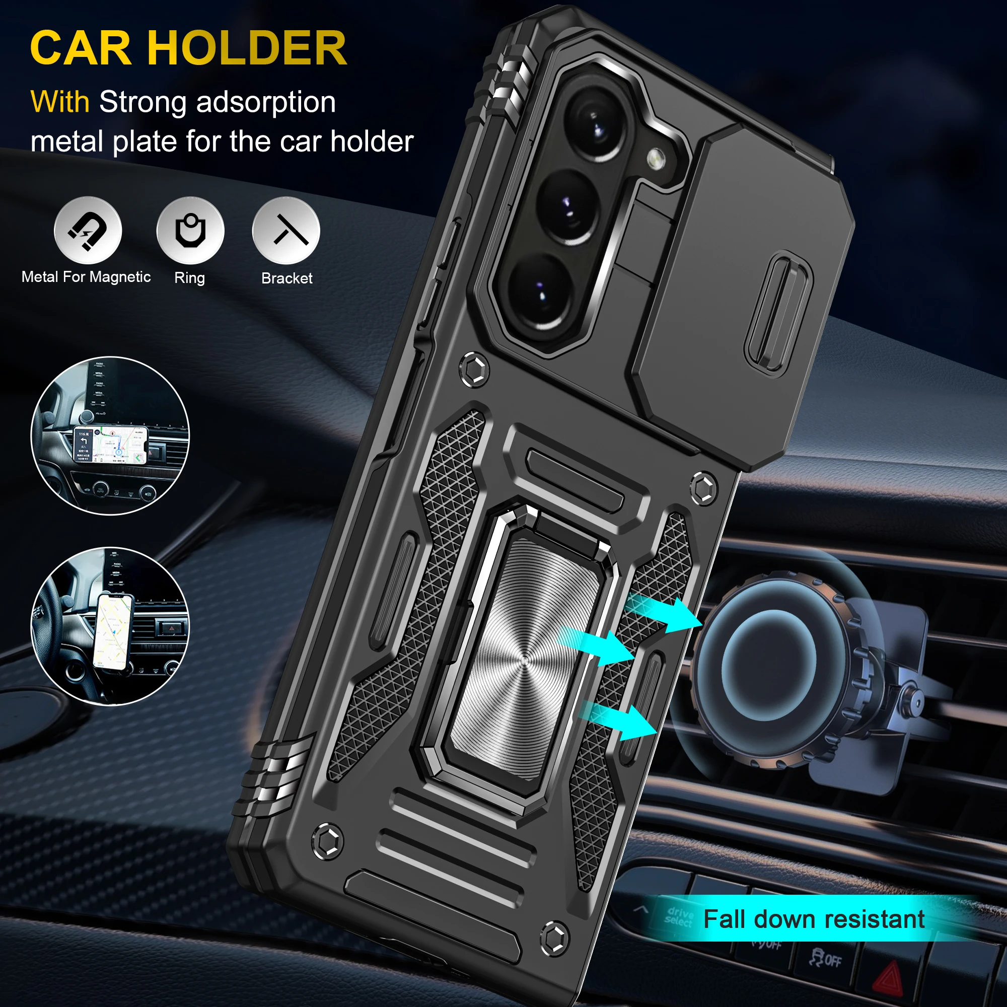 Military Grade Case For Samsung Galaxy Z Fold 5 5G 2023 Shockproof Heavy Duty Protective Armor Case Magnetic Kickstand Ring Cove