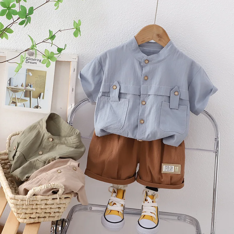 

Cute Baby Boys' Clothing 0-4Y Summer Set New Solid Pocket Short Sleeve Shirt+Long Pants Baby Suit Suitable for 0-4 Years Old