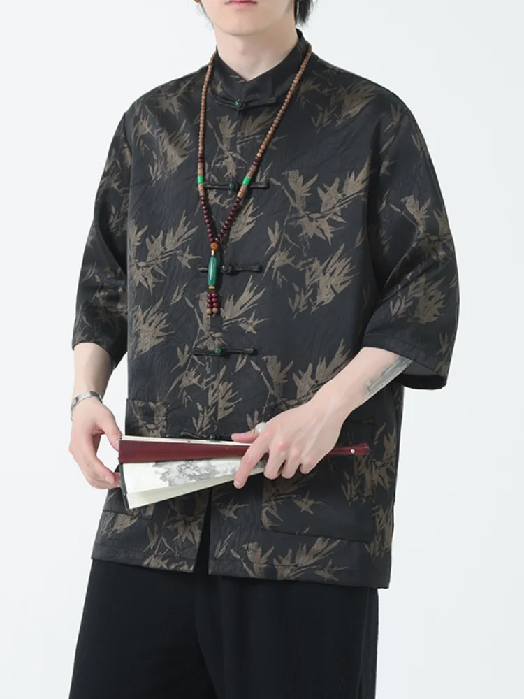 

Summer Thin ort Sve irt Men's Print Loose Fit Stand Collar Chinese Sle Casual Outerwear f Sve Breathable